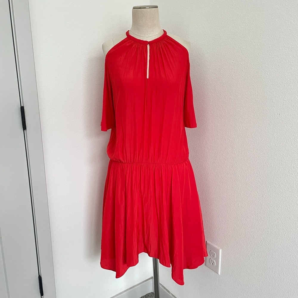 Ramy Brook Dress Women S/M Red Blouson Satin Cocktail Party Cold Shoulder